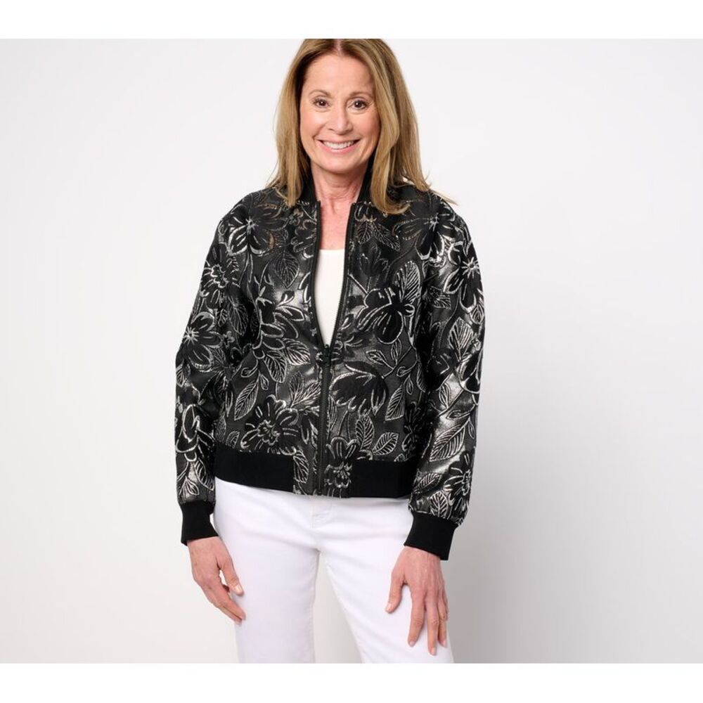 SUNNYLiFE Women's Jacket Sz M Metallic Floral Brocade Bomber Black A682931